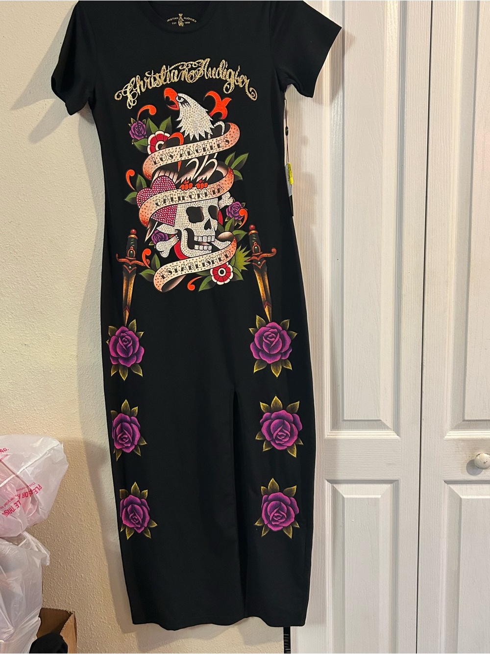 Christian Audigier Black maxi Dress with Purple & Gold Skull Graphic